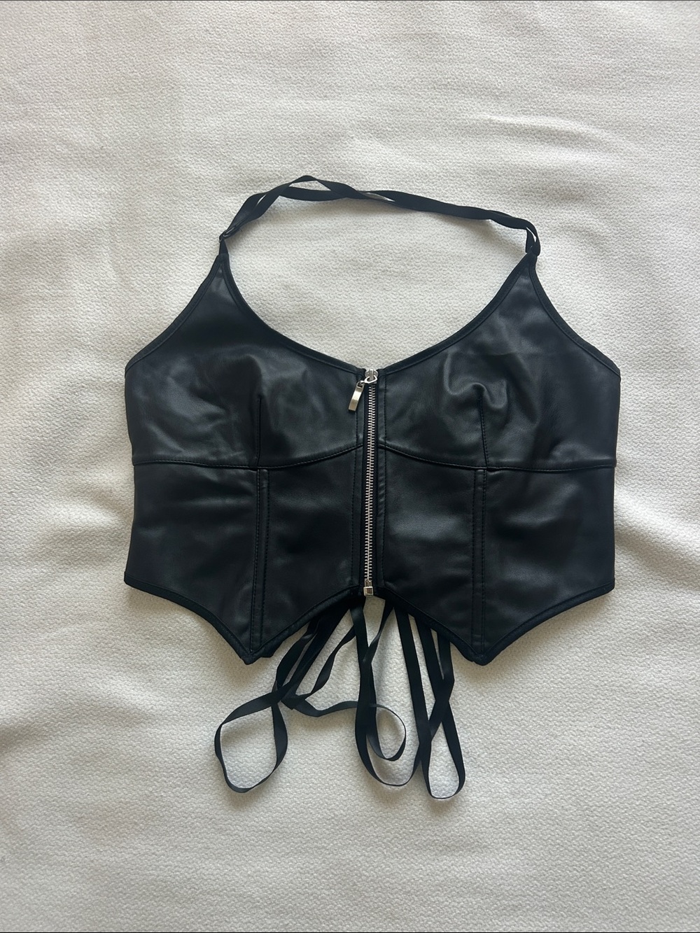 SHEIN Black Faux Leather Zip Front Corset Crop Top